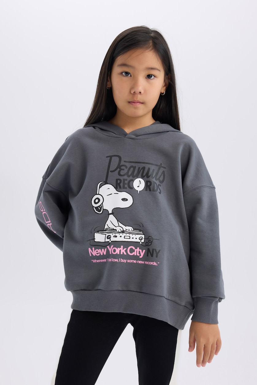 Kız Çocuk - Genç Kız Antrasit Kız Çocuk Snoopy Oversize Geniş Kalıp Kapüşonlu Sweatshirt