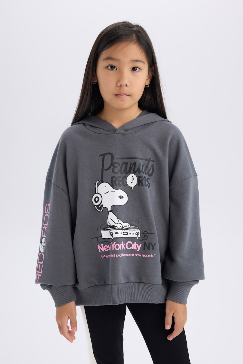 Kız Çocuk - Genç Kız Antrasit Kız Çocuk Snoopy Oversize Geniş Kalıp Kapüşonlu Sweatshirt