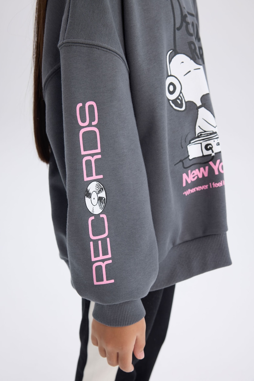 Kız Çocuk - Genç Kız Antrasit Kız Çocuk Snoopy Oversize Geniş Kalıp Kapüşonlu Sweatshirt