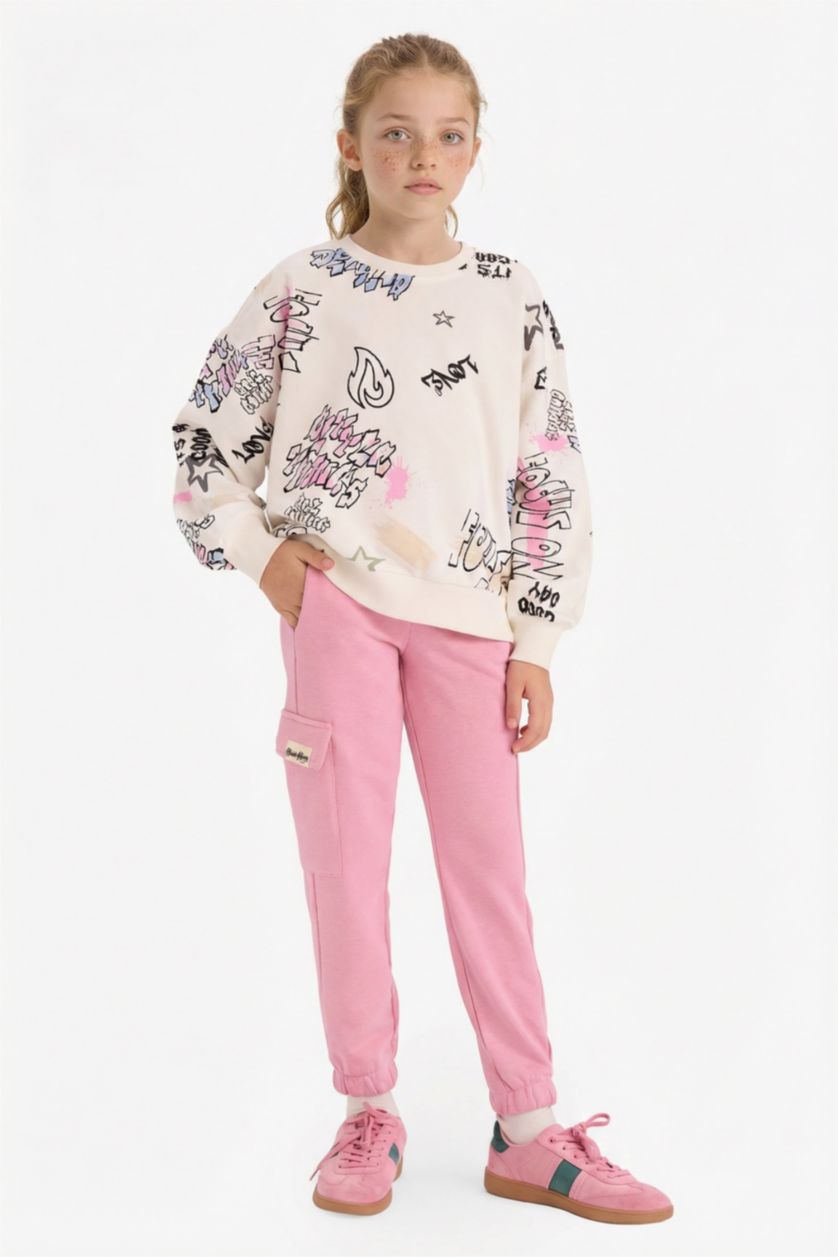 Kız Çocuk - Genç Kız Ekru Oversize Geniş Kalıp Bisiklet Yaka 3D Baskılı Sweatshirt Kız Çocuk