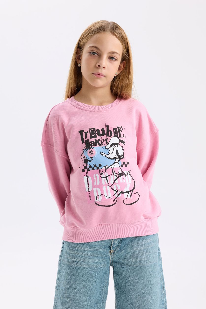 Kız Çocuk - Genç Kız Koyu Pembe Disney Mickey Mouse &Friends Relax Fit Bisiklet Yaka Sweatshirt Kız Çocuk