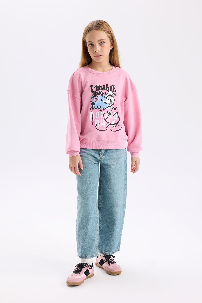 Kız Çocuk - Genç Kız Koyu Pembe Disney Mickey Mouse &Friends Relax Fit Bisiklet Yaka Sweatshirt Kız Çocuk