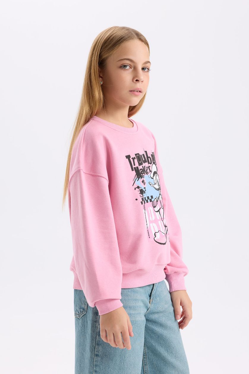 Kız Çocuk - Genç Kız Koyu Pembe Disney Mickey Mouse &Friends Relax Fit Bisiklet Yaka Sweatshirt Kız Çocuk
