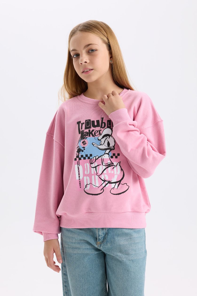Kız Çocuk - Genç Kız Koyu Pembe Disney Mickey Mouse &Friends Relax Fit Bisiklet Yaka Sweatshirt Kız Çocuk