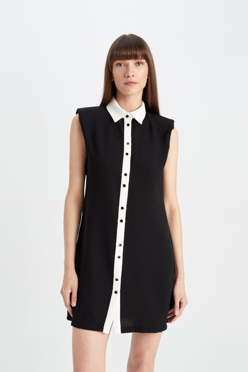 حريمي أسود فستان قصير منسوج بدون كم