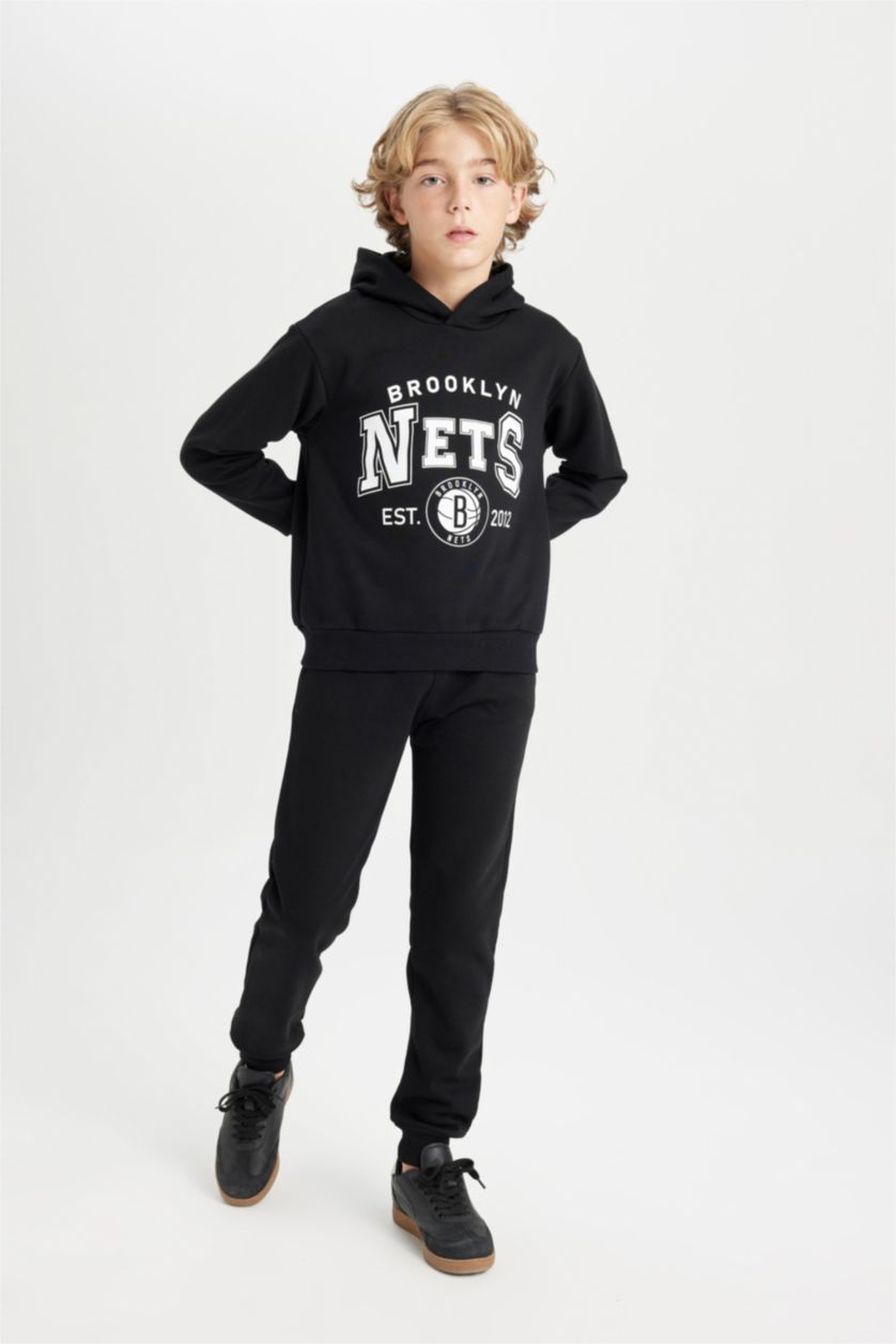 Erkek Çocuk - Genç Erkek Siyah Siyah NBA Brooklyn Nets Kapüşonlu Sweatshirt Erkek Çocuk