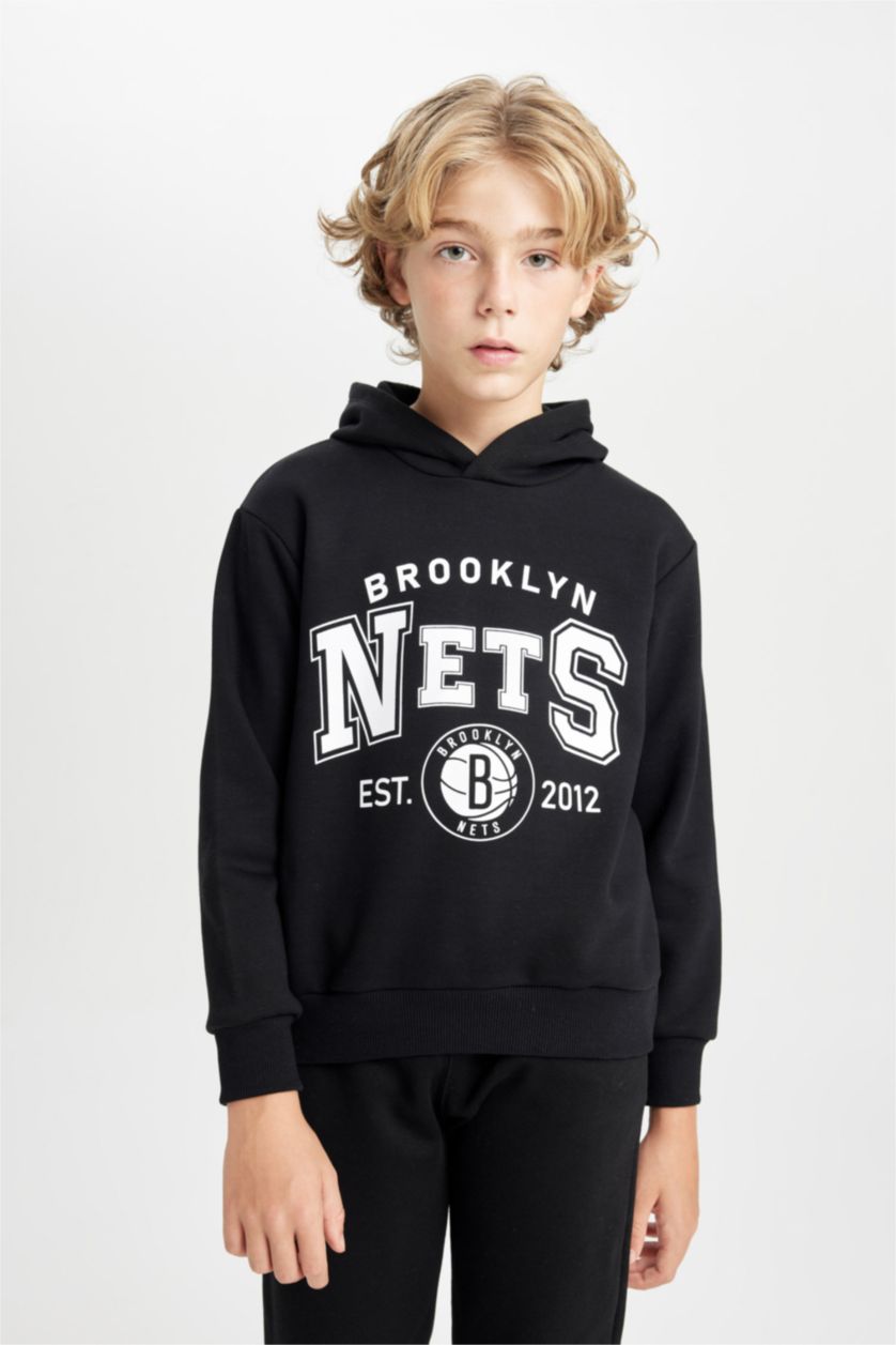 Erkek Çocuk - Genç Erkek Siyah Siyah NBA Brooklyn Nets Kapüşonlu Sweatshirt Erkek Çocuk