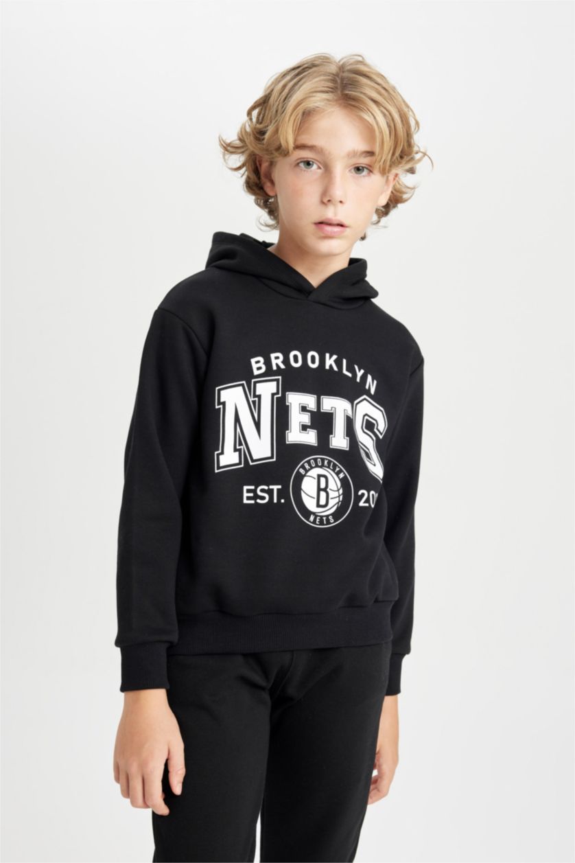 Erkek Çocuk - Genç Erkek Siyah Siyah NBA Brooklyn Nets Kapüşonlu Sweatshirt Erkek Çocuk