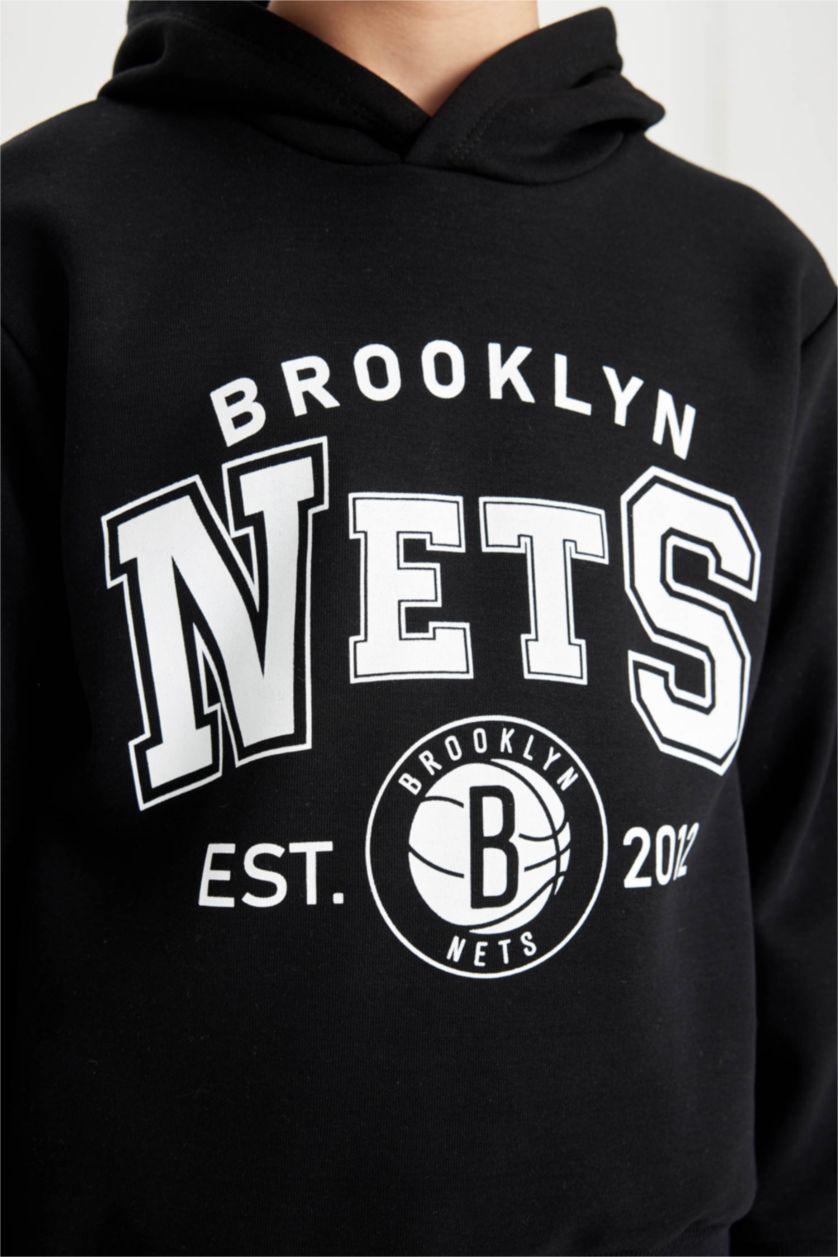 Erkek Çocuk - Genç Erkek Siyah Siyah NBA Brooklyn Nets Kapüşonlu Sweatshirt Erkek Çocuk