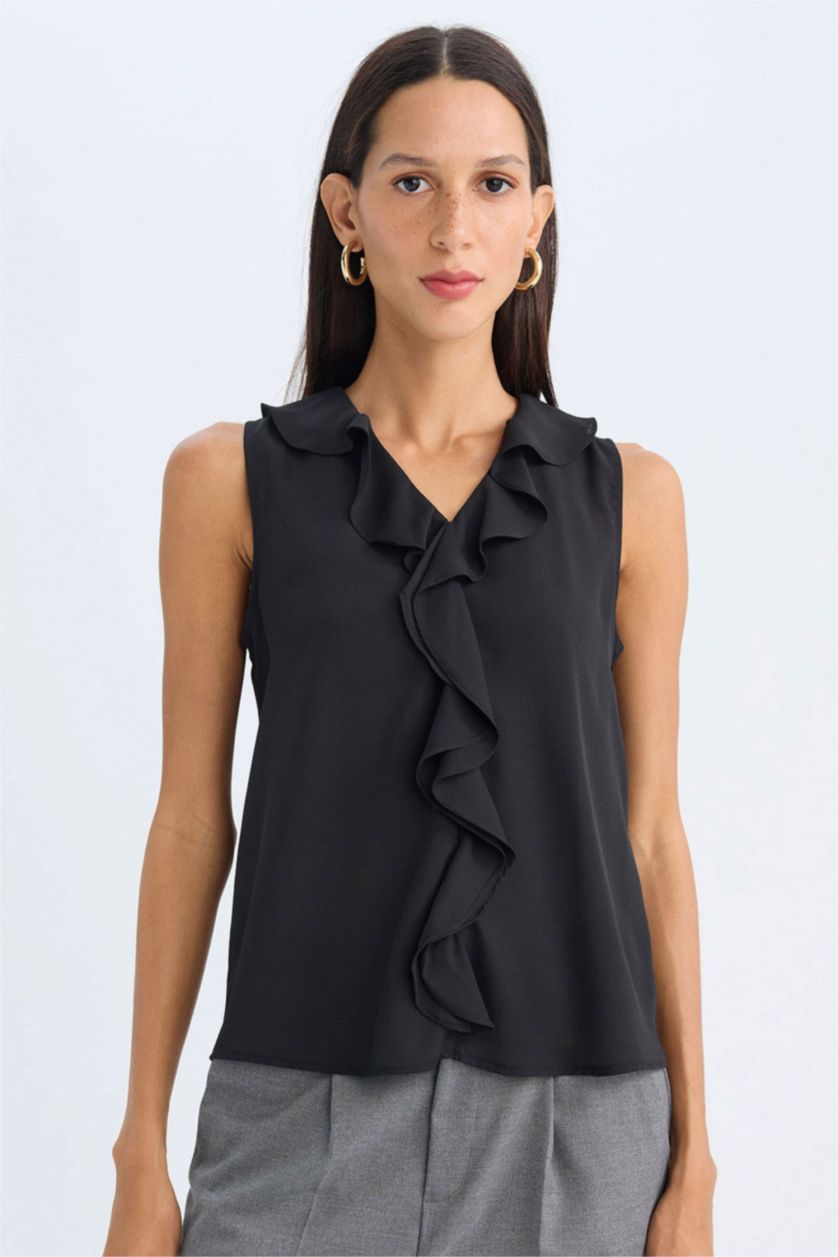 FEMME Noir Blouse Sans Manches en Mousseline De Soie Coupe Régulière Col en V