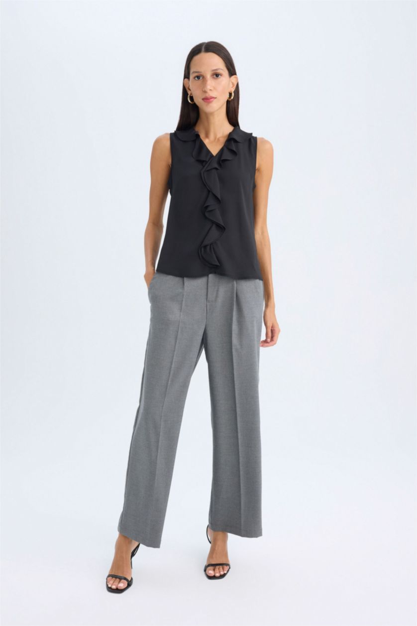 FEMME Noir Blouse Sans Manches en Mousseline De Soie Coupe Régulière Col en V