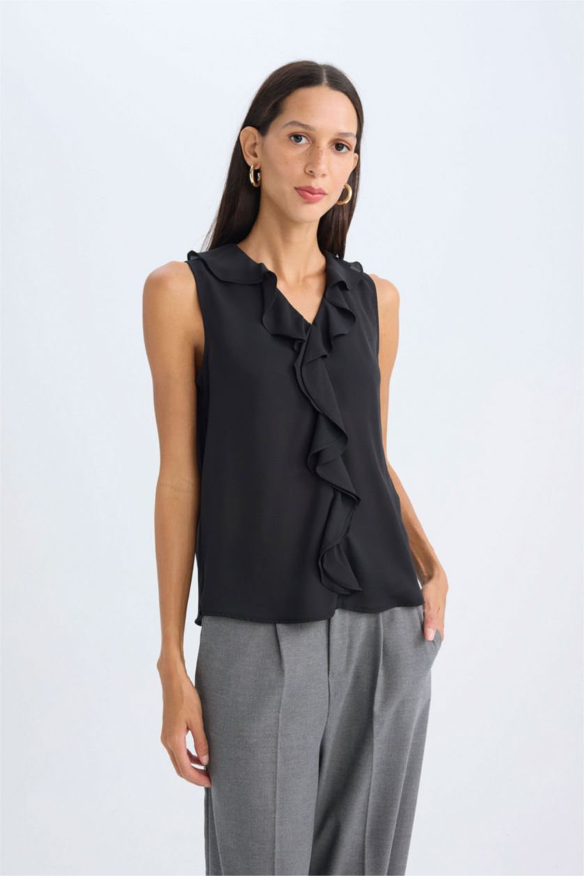 FEMME Noir Blouse Sans Manches en Mousseline De Soie Coupe Régulière Col en V