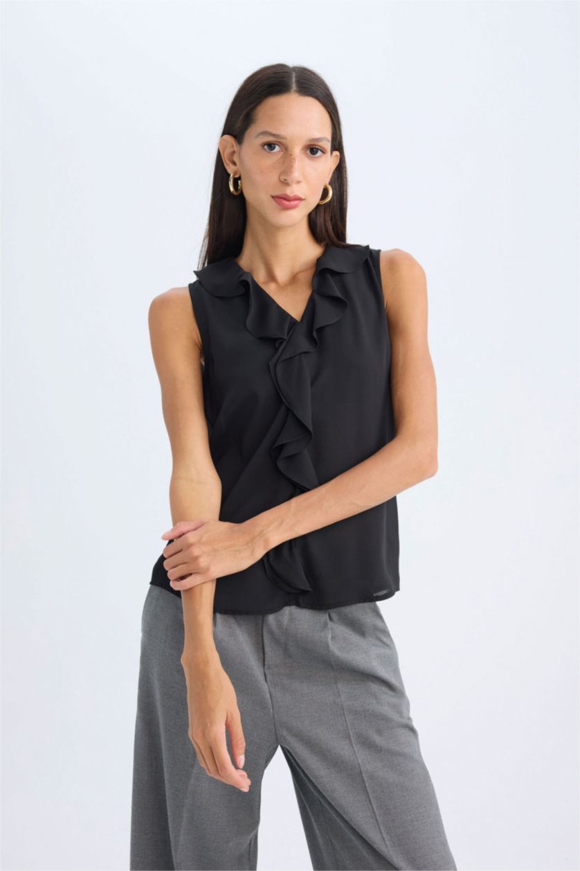 FEMME Noir Blouse Sans Manches en Mousseline De Soie Coupe Régulière Col en V