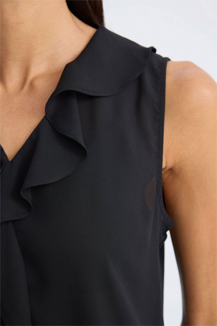 FEMME Noir Blouse Sans Manches en Mousseline De Soie Coupe Régulière Col en V