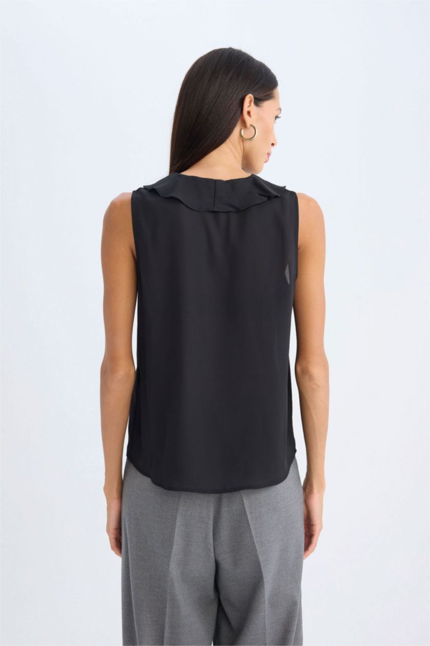 FEMME Noir Blouse Sans Manches en Mousseline De Soie Coupe Régulière Col en V