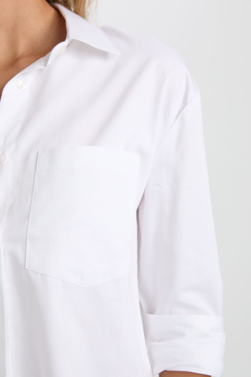 Kadın Beyaz Oversize Geniş Kalıp Cepli Basic Düz Poplin Uzun Kollu Beyaz Gömlek