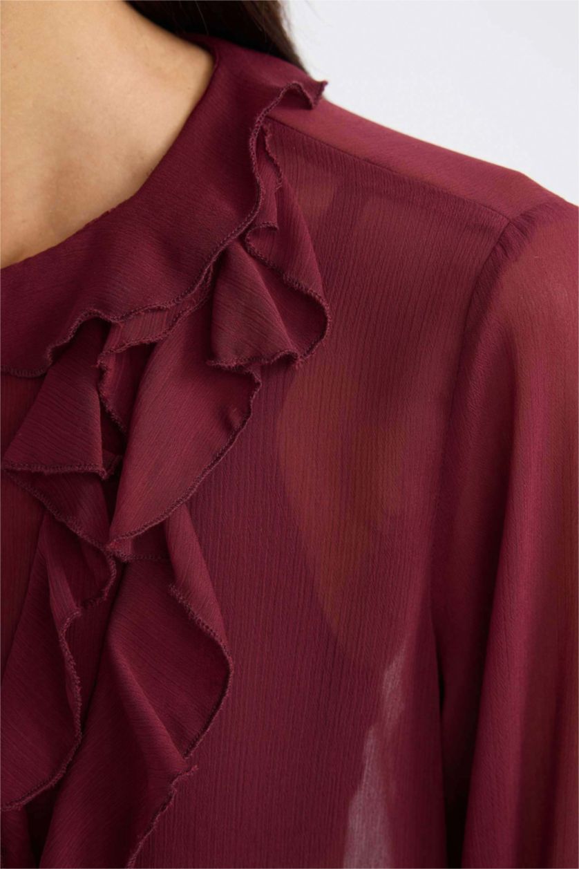 Kadın Bordo Regular Fıt Şifon Uzun Kollu Bluz