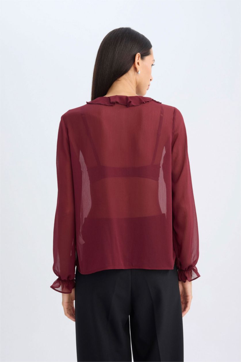 Kadın Bordo Regular Fıt Şifon Uzun Kollu Bluz