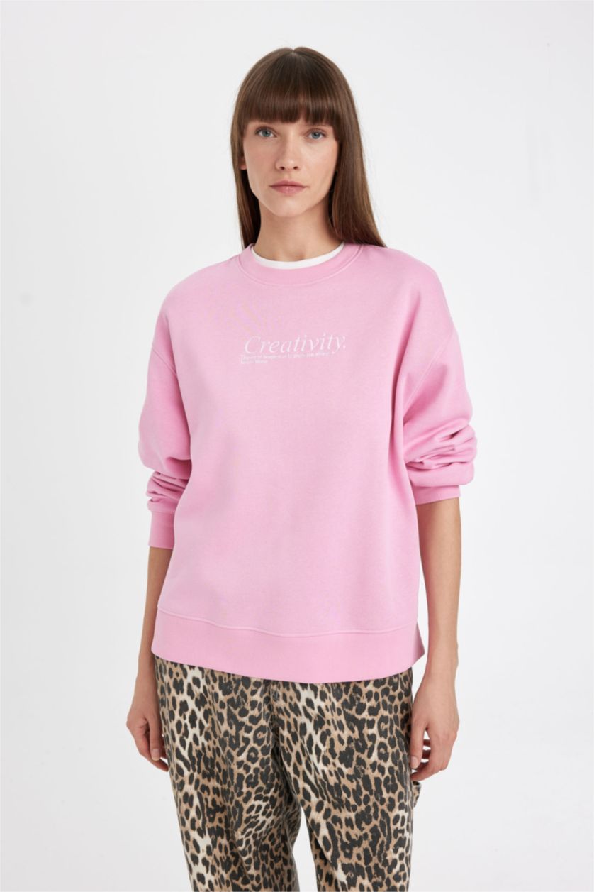 Kadın Pembe Relax Fit Bisiklet Yaka Baskılı Kalın Sweatshirt