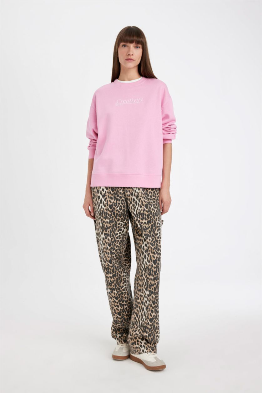 Kadın Pembe Relax Fit Bisiklet Yaka Baskılı Kalın Sweatshirt