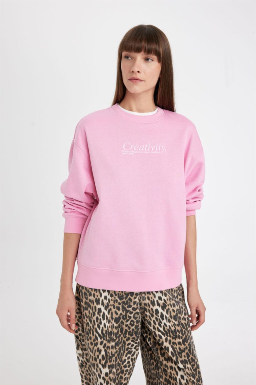 Kadın Pembe Relax Fit Bisiklet Yaka Baskılı Kalın Sweatshirt