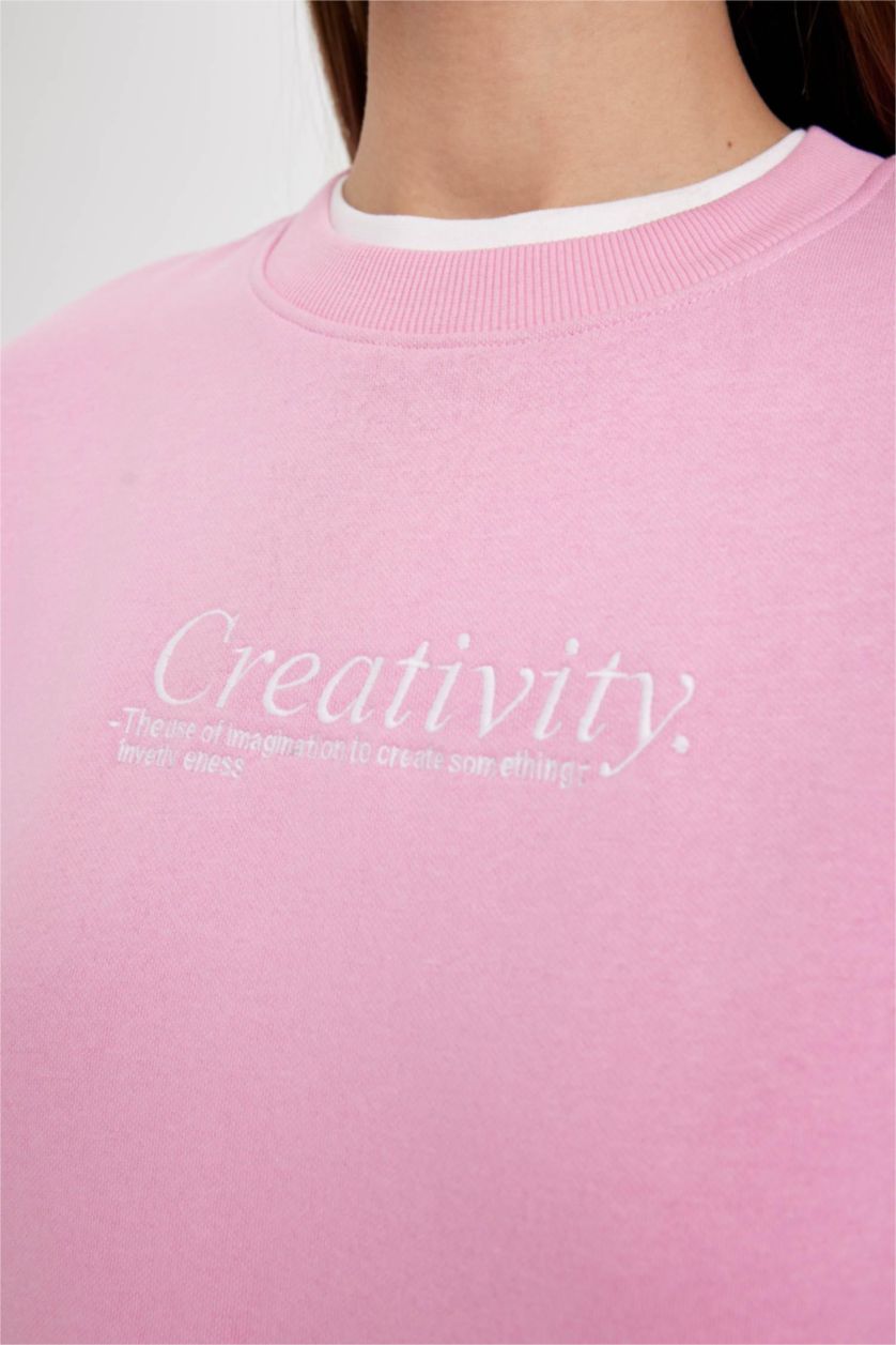 Kadın Pembe Relax Fit Bisiklet Yaka Baskılı Kalın Sweatshirt