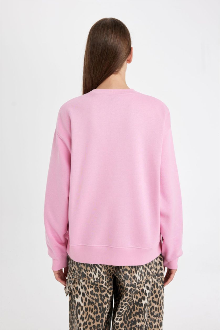 Kadın Pembe Relax Fit Bisiklet Yaka Baskılı Kalın Sweatshirt