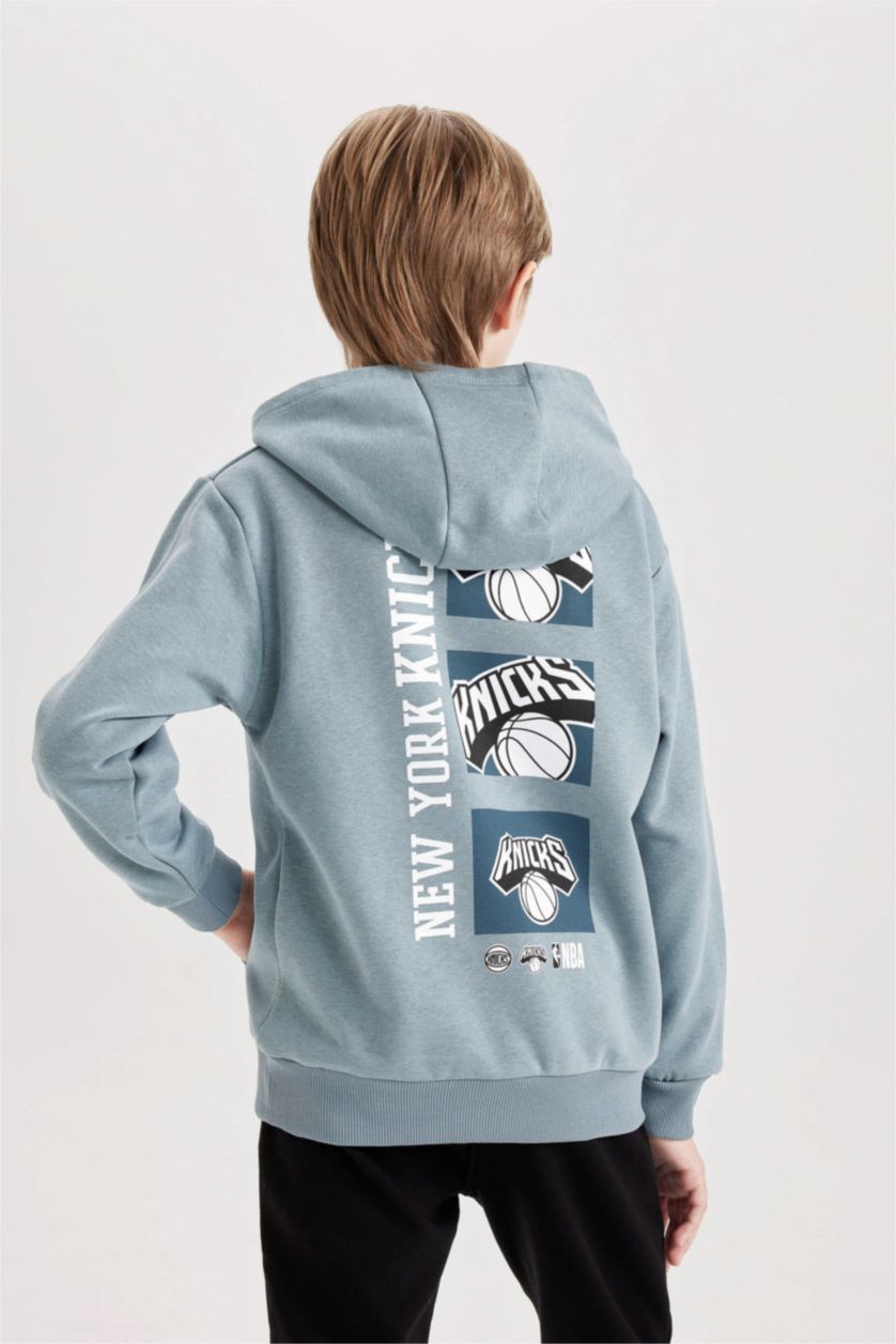 Erkek Çocuk - Genç Erkek Mavi Erkek Çocuk NBA New York Knicks Kapüşonlu Sırt Baskılı Sweatshirt