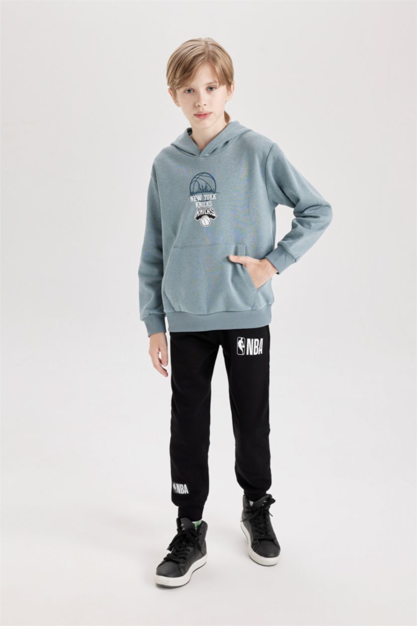 Erkek Çocuk - Genç Erkek Mavi Erkek Çocuk NBA New York Knicks Kapüşonlu Sırt Baskılı Sweatshirt