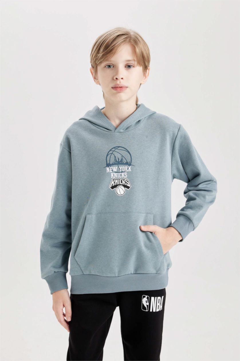 Erkek Çocuk - Genç Erkek Mavi Erkek Çocuk NBA New York Knicks Kapüşonlu Sırt Baskılı Sweatshirt