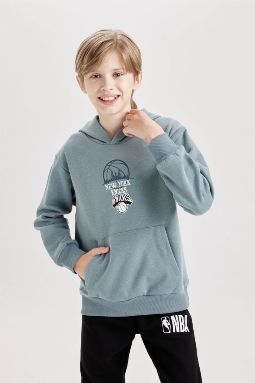Erkek Çocuk - Genç Erkek Mavi Erkek Çocuk NBA New York Knicks Kapüşonlu Sırt Baskılı Sweatshirt