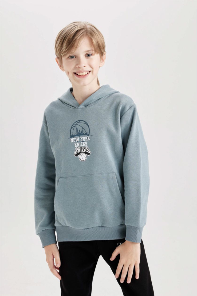 Erkek Çocuk - Genç Erkek Mavi Erkek Çocuk NBA New York Knicks Kapüşonlu Sırt Baskılı Sweatshirt