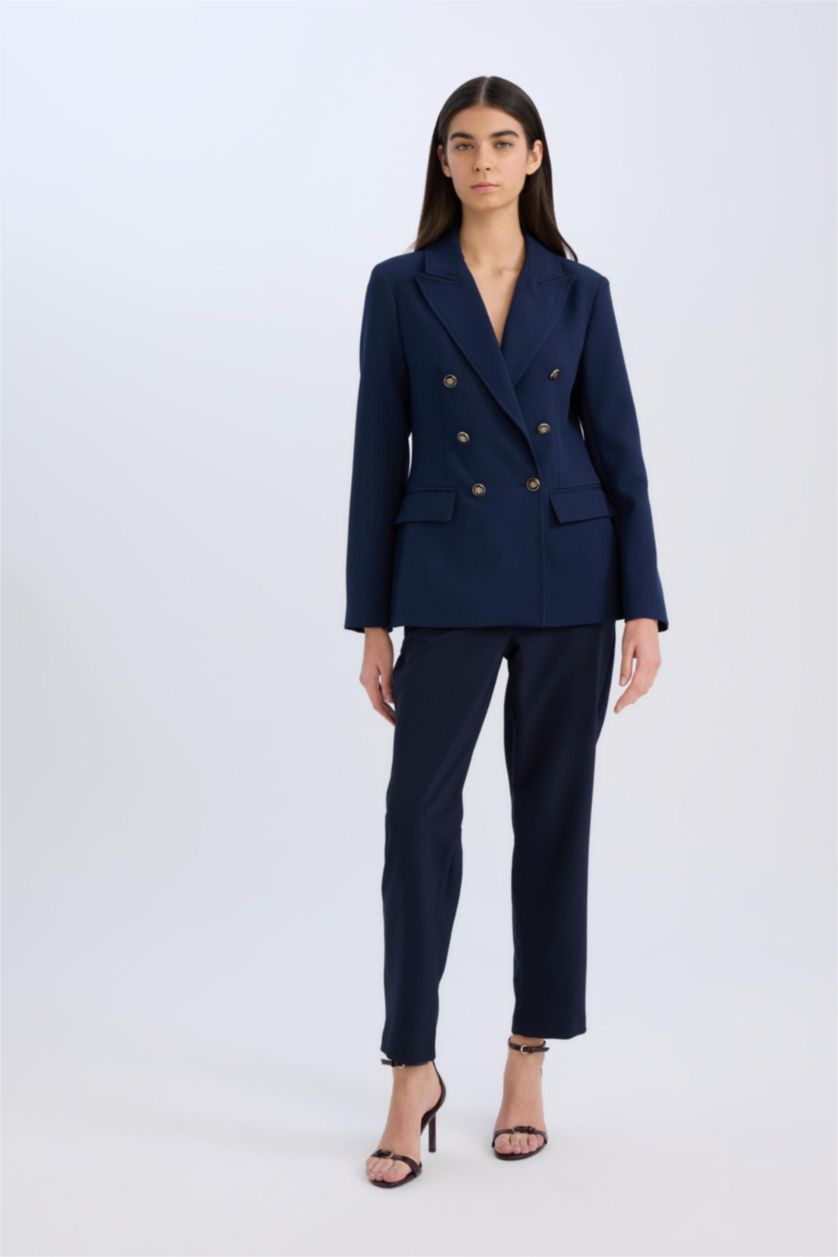 Kadın Lacivert Oversize Geniş Kalıp Gömlek Yaka Düğmeli Basic Düz Blazer Ceket