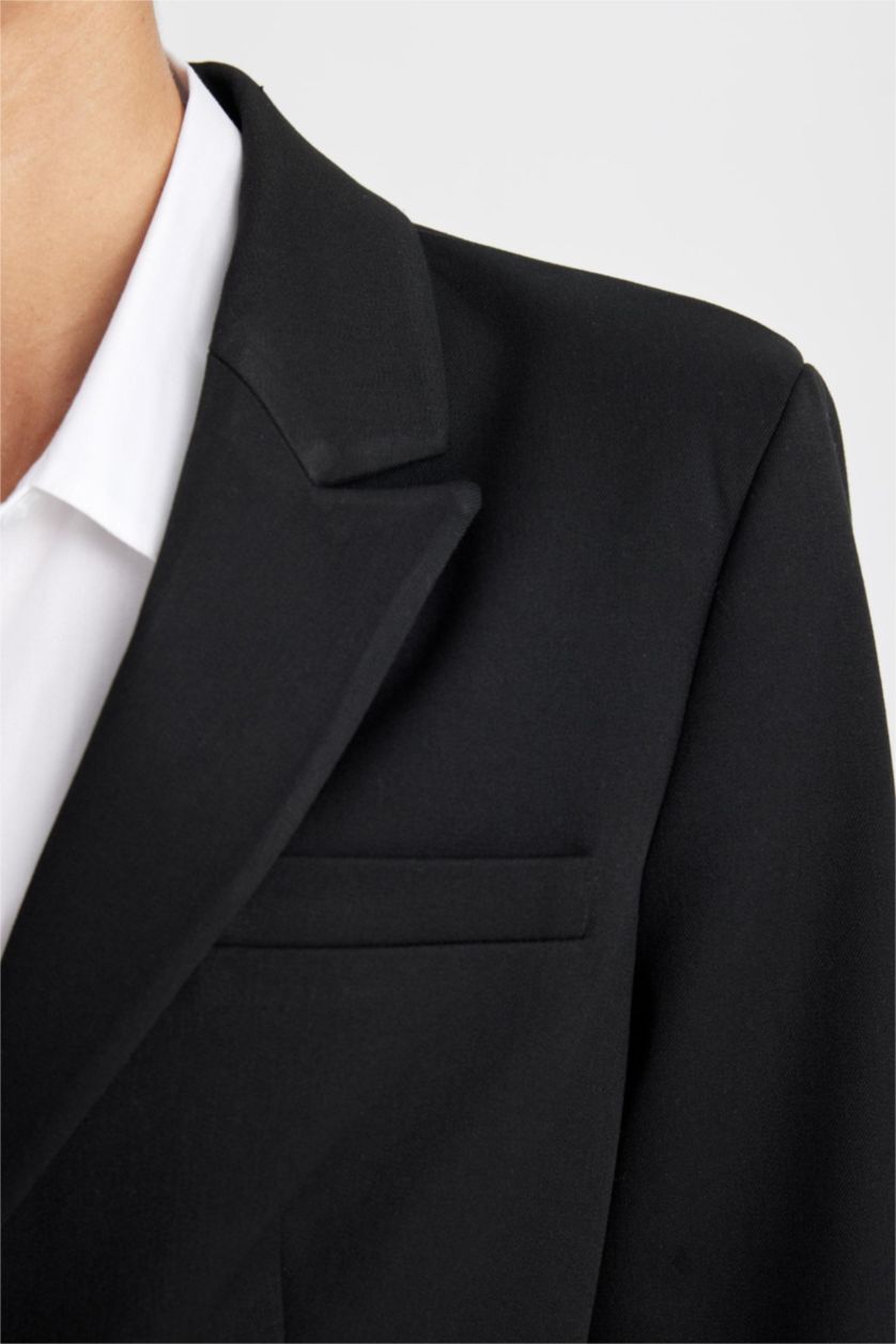 Kadın Siyah Fitted Ceket Yaka Düğmeli Basic Düz Blazer Ceket