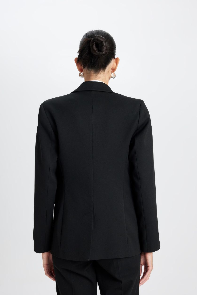Kadın Siyah Fitted Ceket Yaka Düğmeli Basic Düz Blazer Ceket