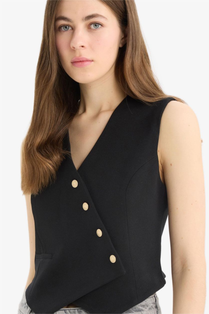 Kadın Siyah Fitted Vücuda Oturan V Yaka Crop Çapraz Düğmeli Blazer Yelek