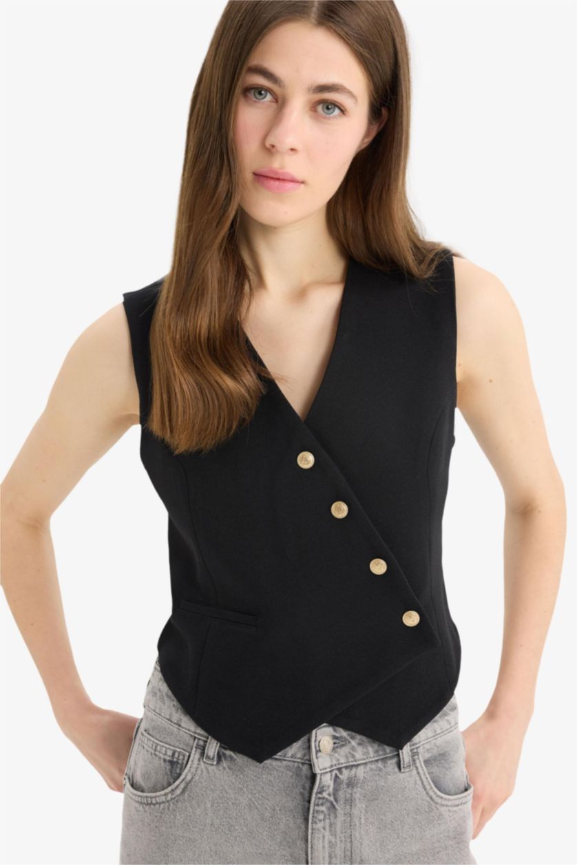 Kadın Siyah Fitted Vücuda Oturan V Yaka Crop Çapraz Düğmeli Blazer Yelek