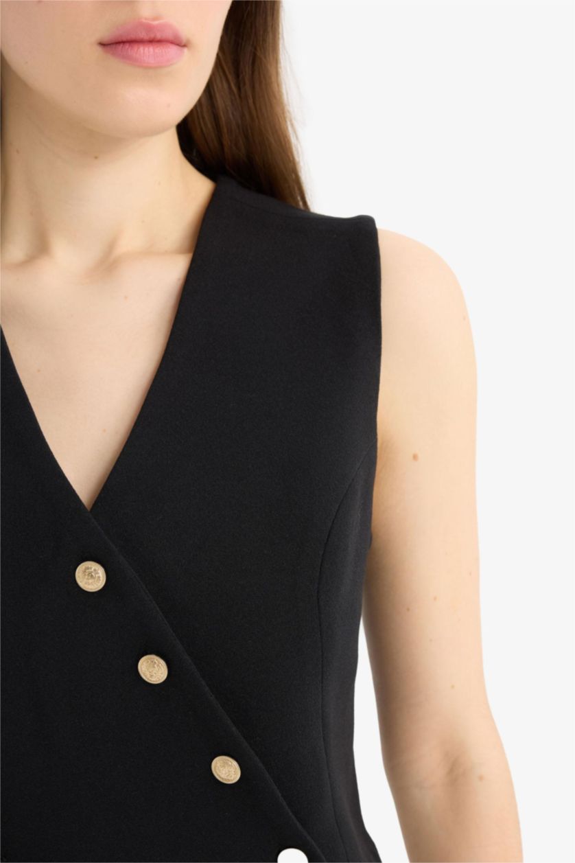 Kadın Siyah Fitted Vücuda Oturan V Yaka Crop Çapraz Düğmeli Blazer Yelek