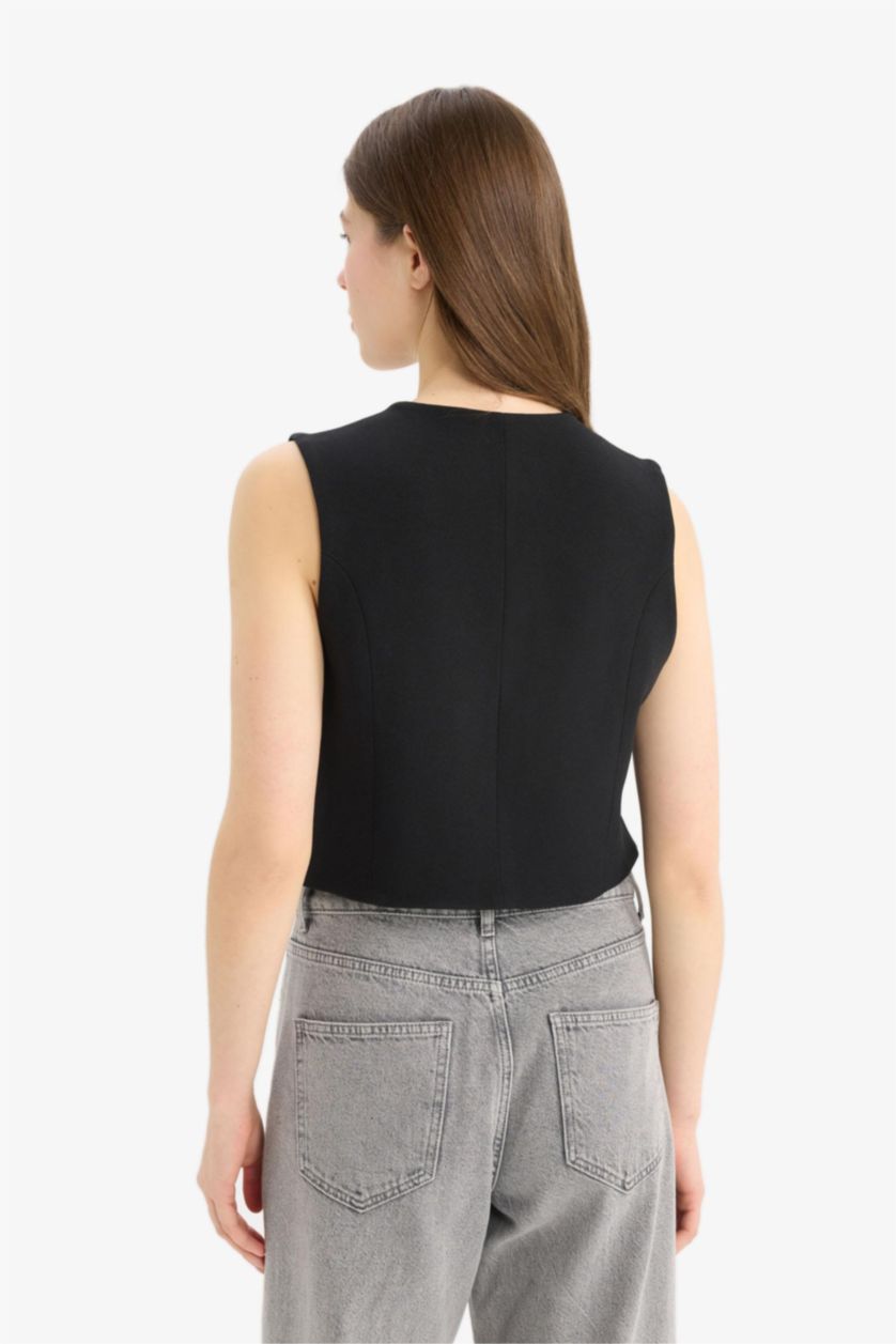 Kadın Siyah Fitted Vücuda Oturan V Yaka Crop Çapraz Düğmeli Blazer Yelek