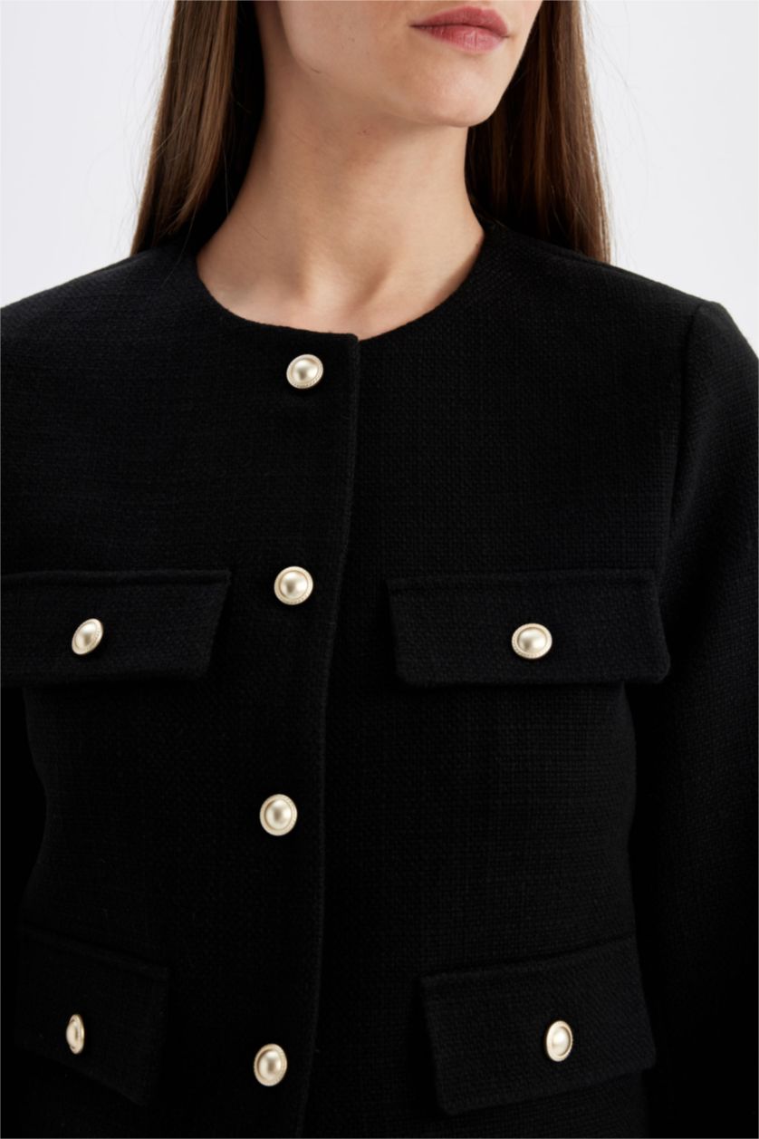 Women Black Crop Flanel Blazer