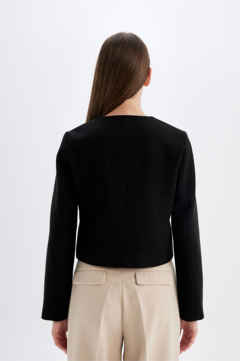 Women Black Crop Flanel Blazer