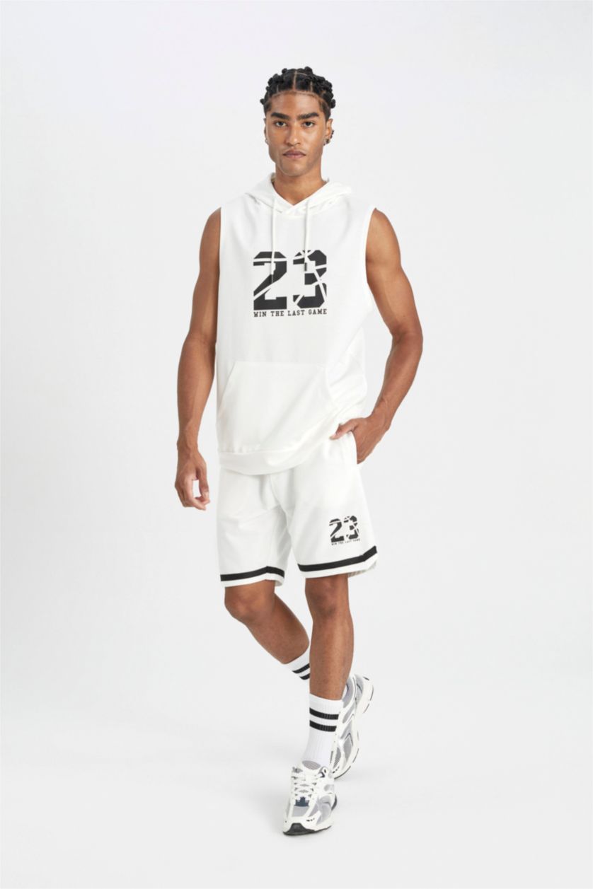 Erkek Beyaz Standart Fit Baskılı Şort