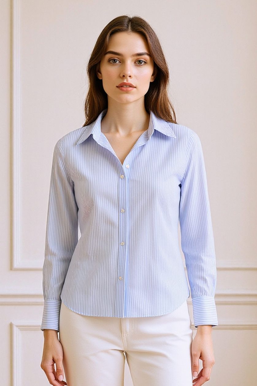 Kadın Mavi Fitted Basic Düz Poplin Uzun Kollu Gömlek