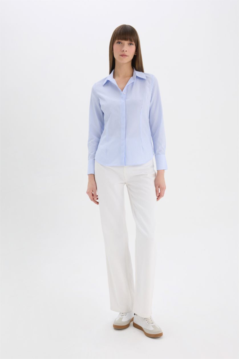 Kadın Mavi Fitted Basic Düz Poplin Uzun Kollu Gömlek