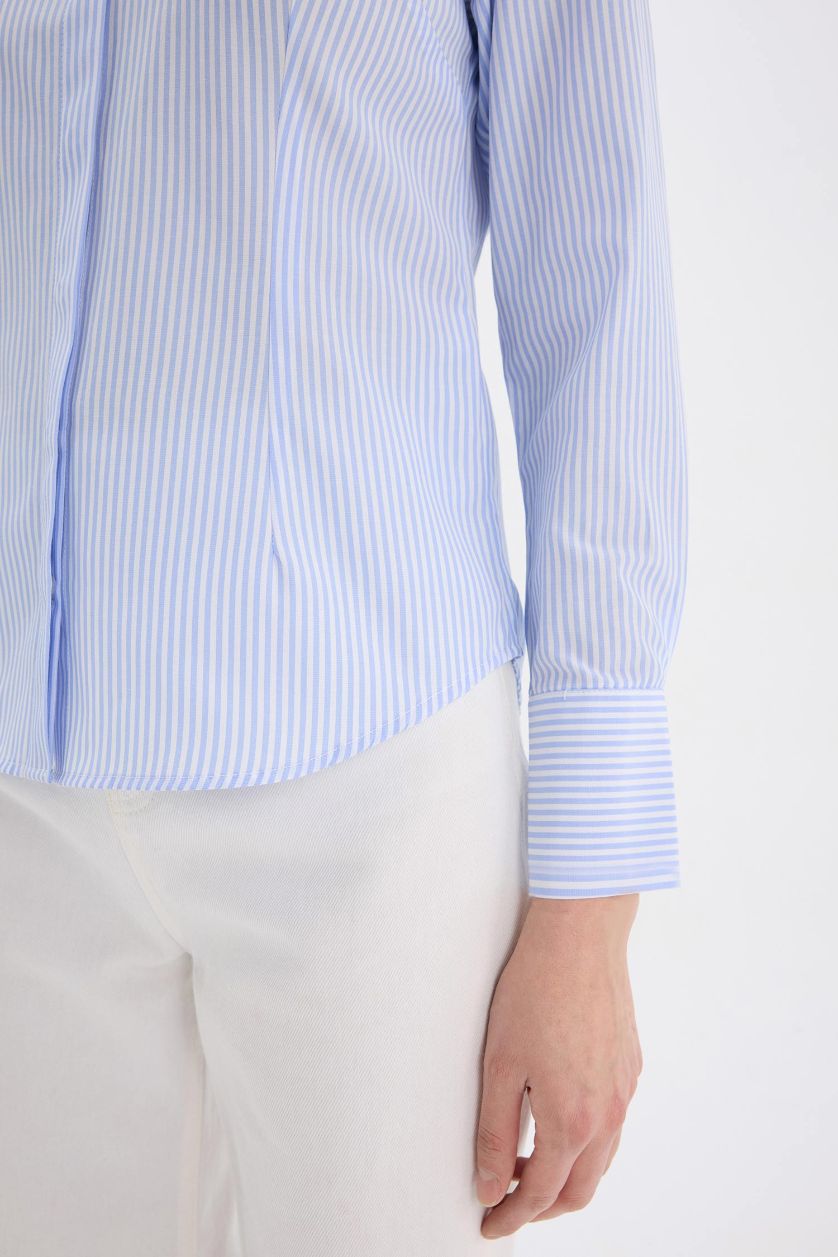 Kadın Mavi Fitted Basic Düz Poplin Uzun Kollu Gömlek