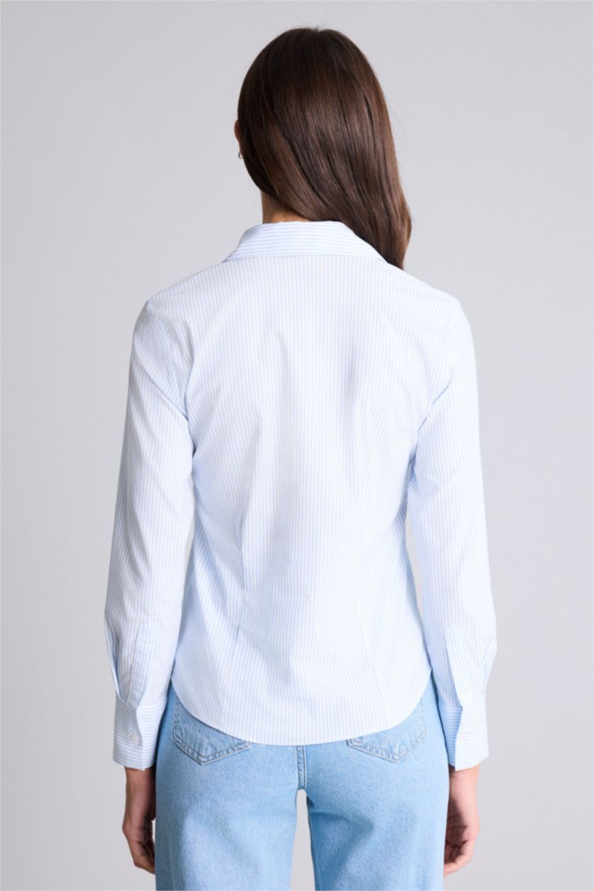 Kadın Açık Mavi Fıtted Çizgili Poplin Gömlek