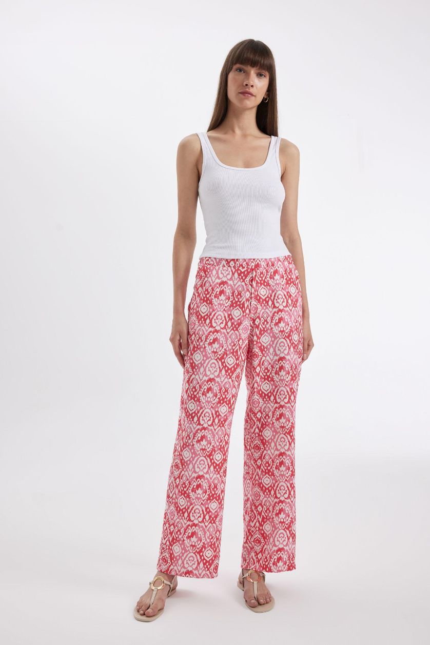 FEMME Rose Clair Pantalon large taille haute imprimé avec poches Coupe droite