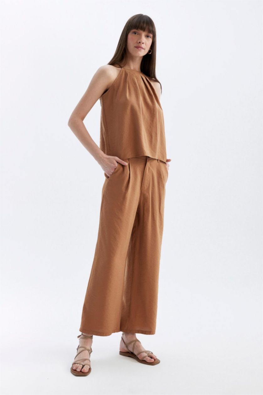 WOMAN Camel Short High Waist Wide Leg Crop Trousers