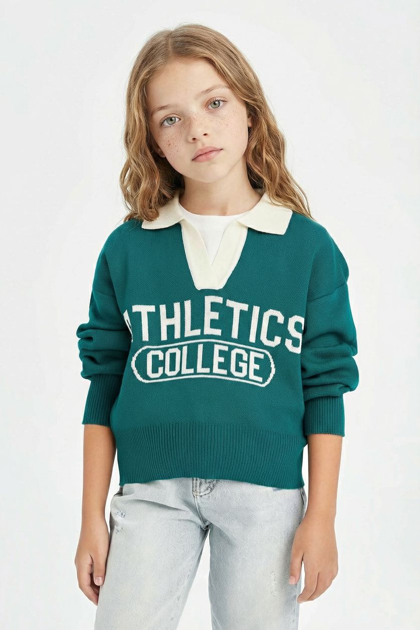 بناتي أخضر بلوفر بناتي قصة عادية بياقة بولو وطبعة حروف