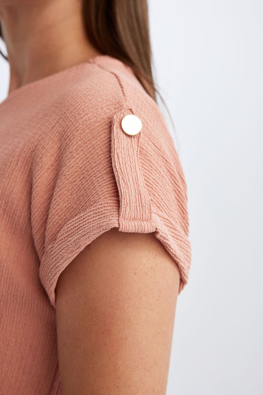 نساء وردي تيشيرت نص كم برقبة مستديرة وقصة عادية